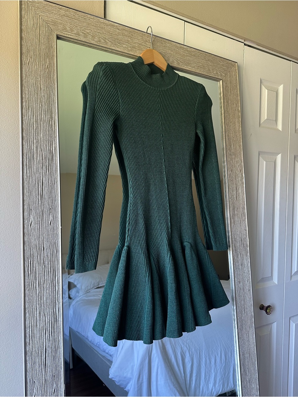 Retrofete Green Knit Sweater Dress Pleated Mock Neck Long Sleeve Short XXS